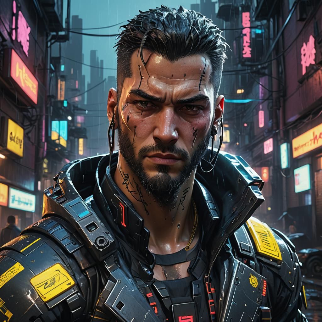 Cyberpunk Mercenary Portrait in Neon-Lit Alleyway