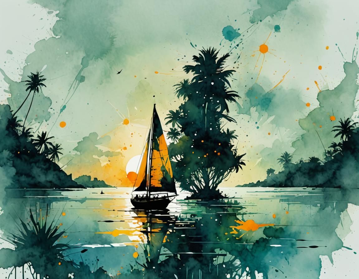 Tropical Island Silhouette in Watercolor Splash Art