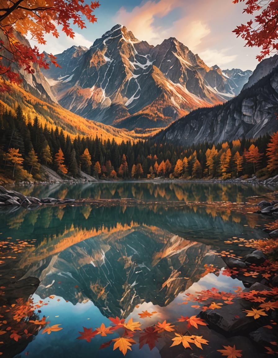 Dreamy Autumn Lake with Mountain Silhouette
