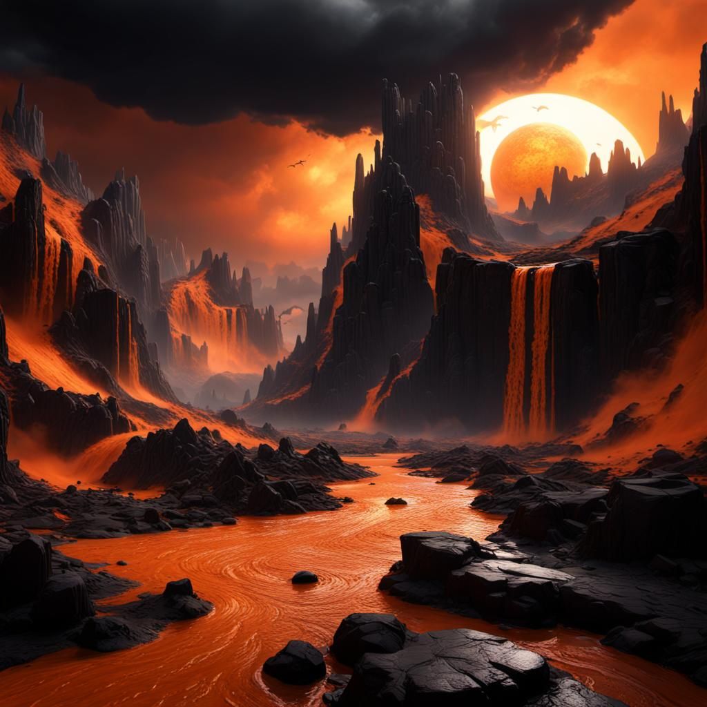 Apocalyptic Valley with Orange Sun and Black Waterfalls