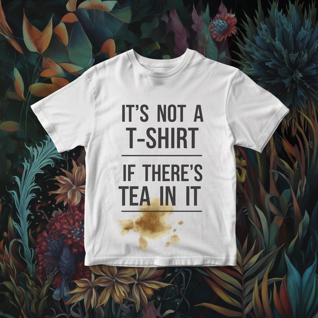 Fantastical Tea-Stained T-Shirt in Whimsical Landscape