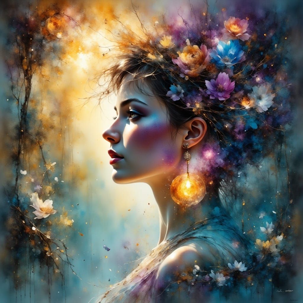 Spirit Woman in Fantasy Landscape 3D Double Exposure