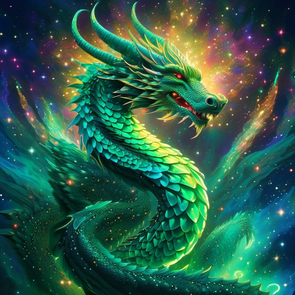 Smiling Green Dragon with Glowing Runes