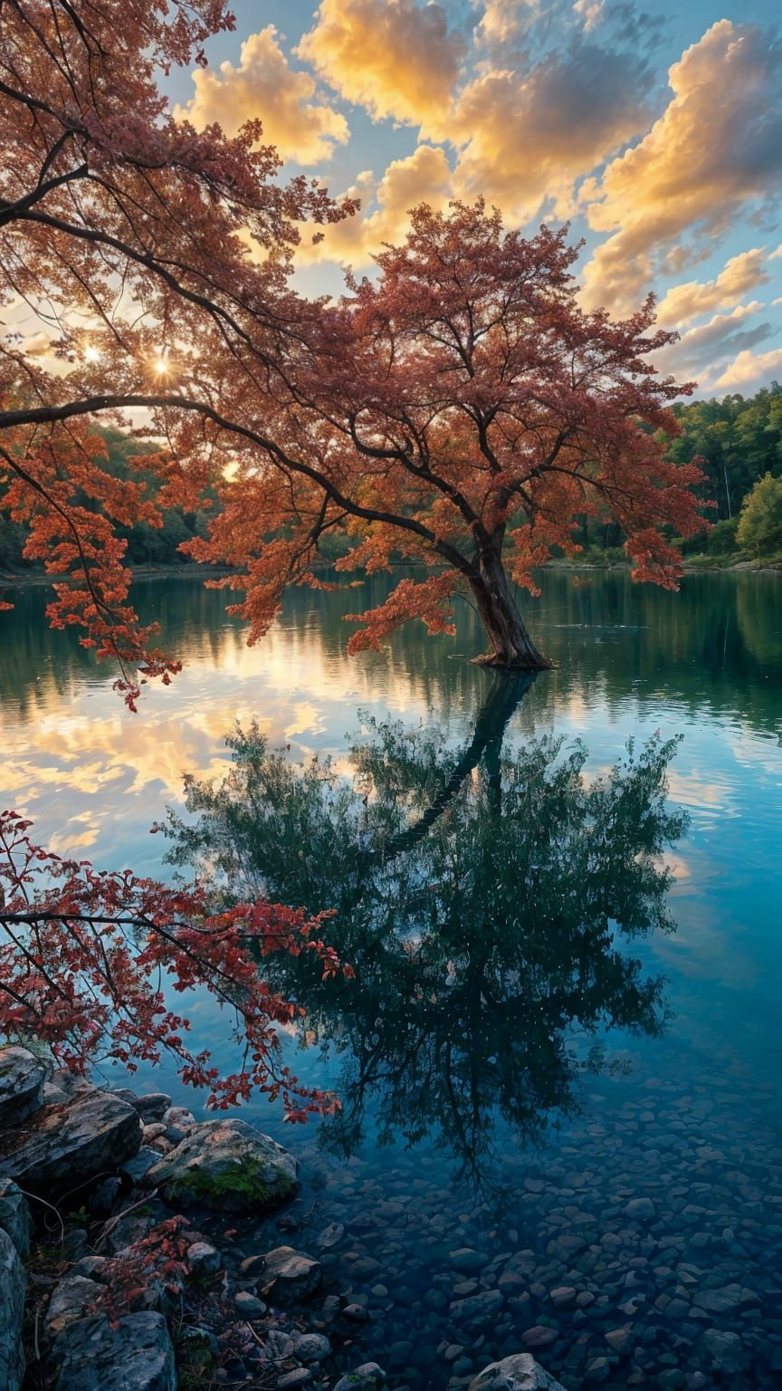 Serene Evening Lake Scene in Vibrant Colors