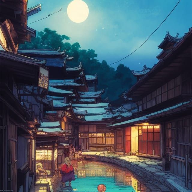 Vibrant Japanese Onsen Village Comic Book Illustration
