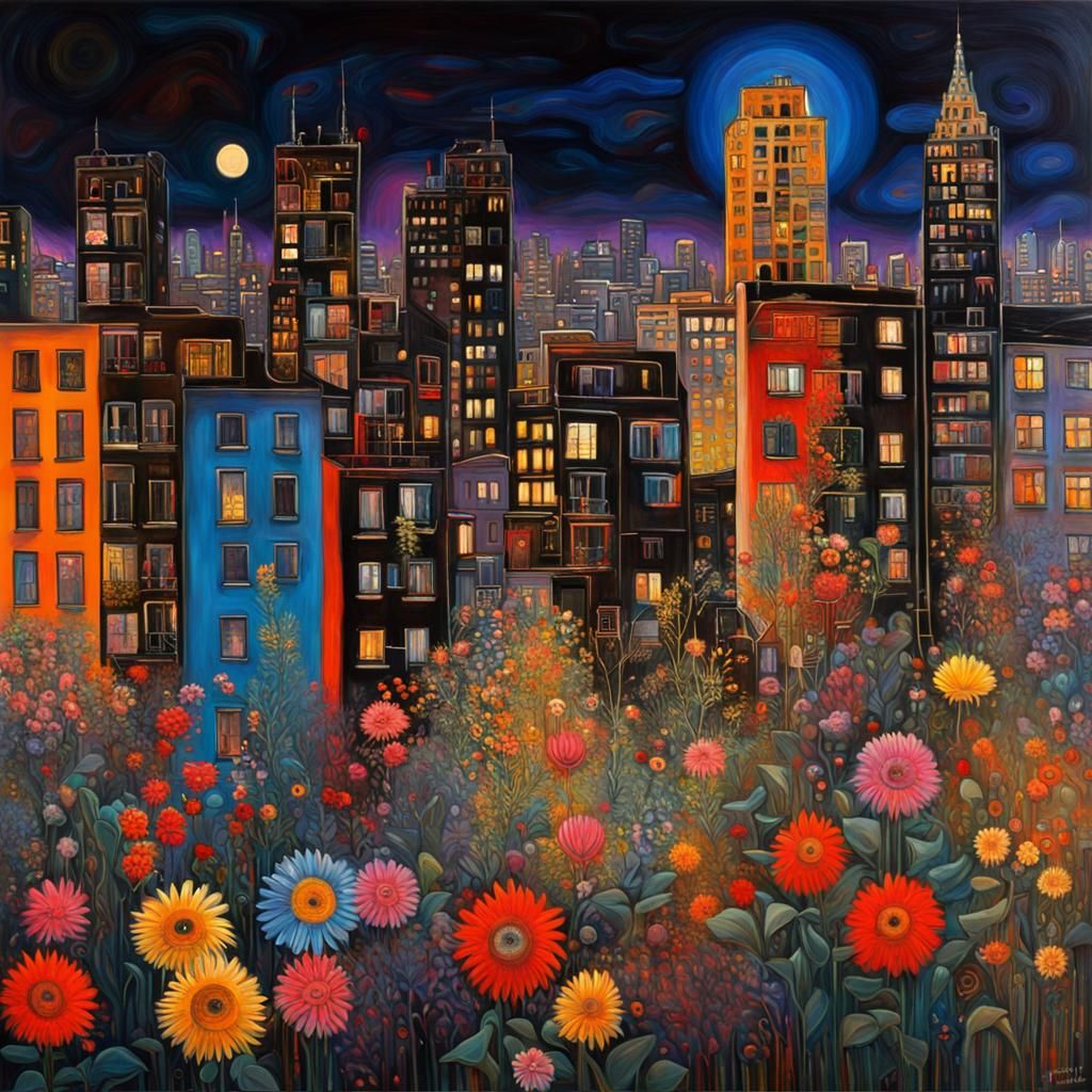 Floral Night Cityscape in Basquiat Style