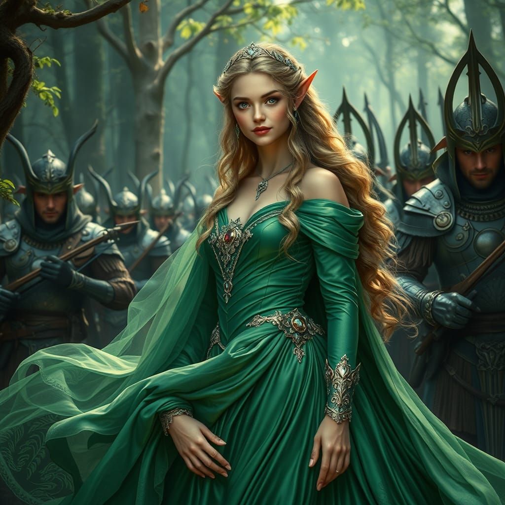 Elegant Elven Princess in Emerald Green Silk Robe