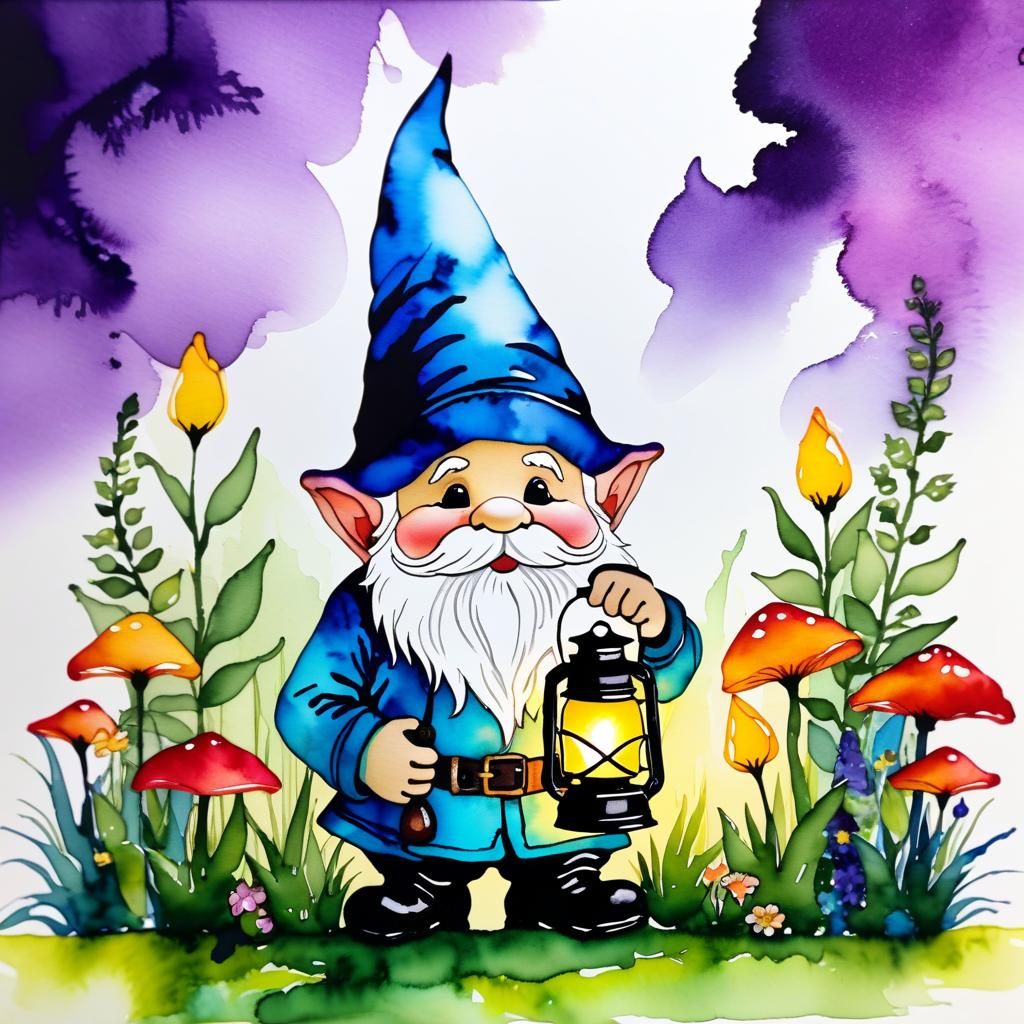 Gnome with Lantern in Spring Garden