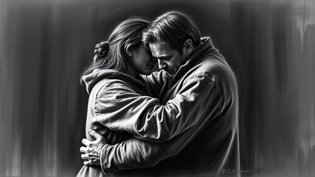 Intense Loving Embrace in Dramatic Charcoal Style
