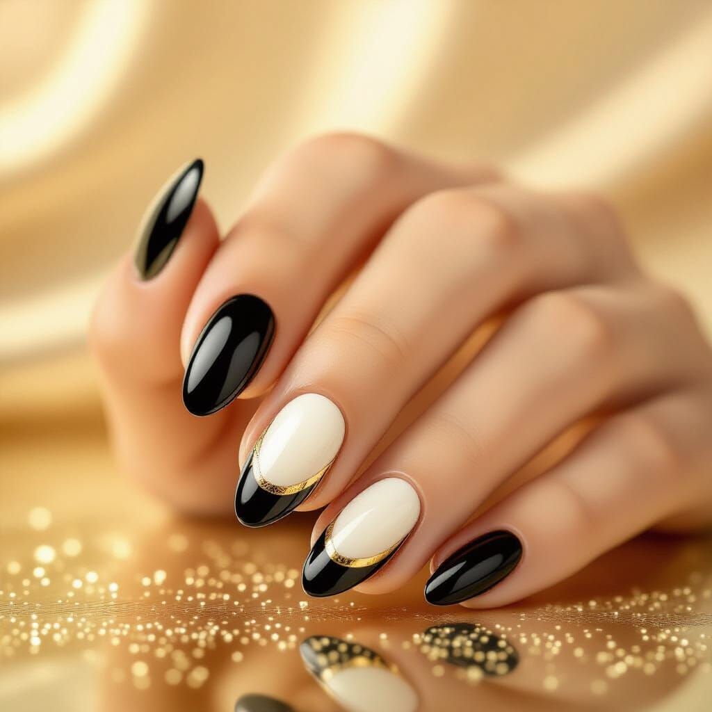 Art Deco Manicure with Gold and Ivory Accents