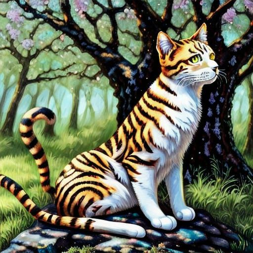 Girl and Cat Under Tree in Oil Painting Style