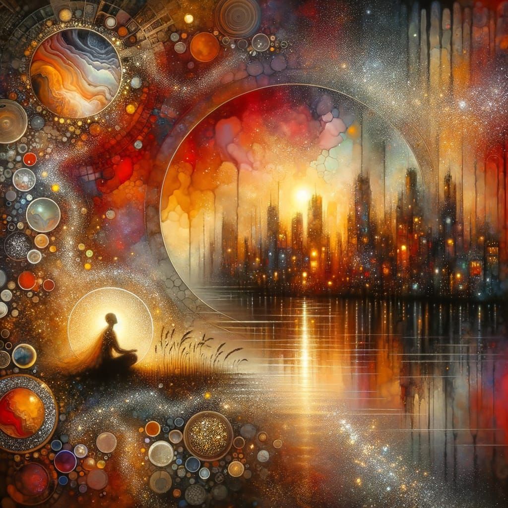 Silhouette by River at Dawn with Cityscape Inked