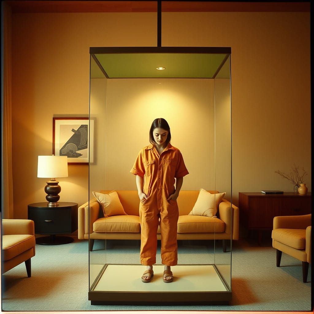 Midcentury Living Room with Prisoner in Display Case: A Cine...