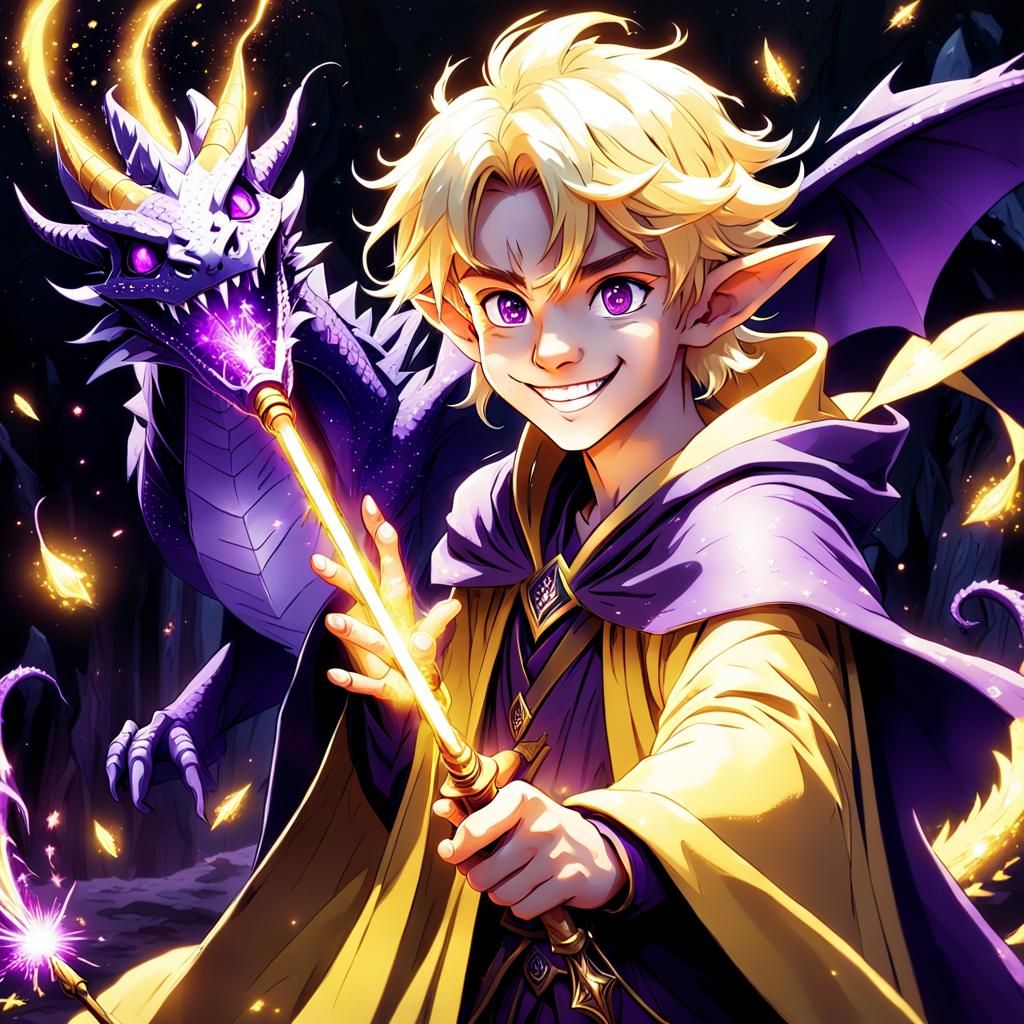 Elven Wizard Boy and Dragon in Anime Style