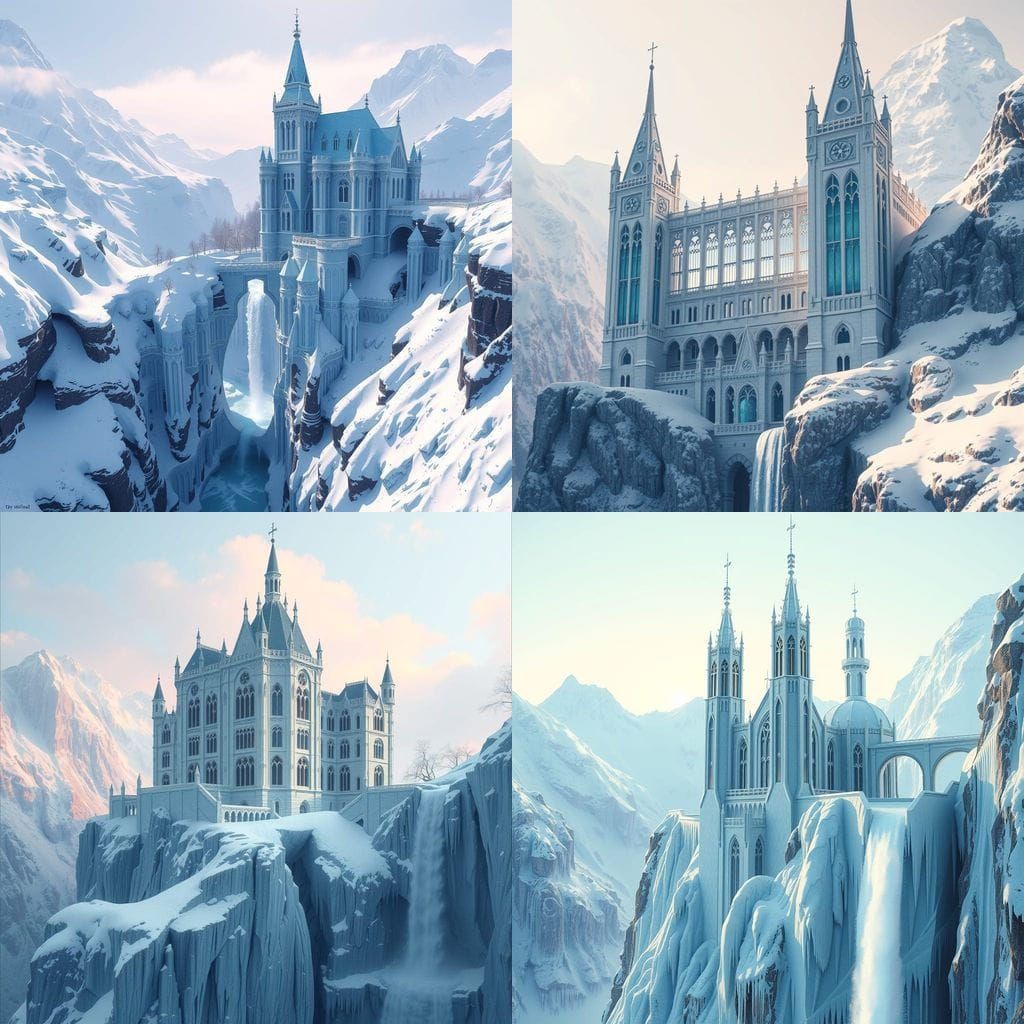 Elegant Gothic Castle Amidst Snowy Mountains and Frozen Wate...