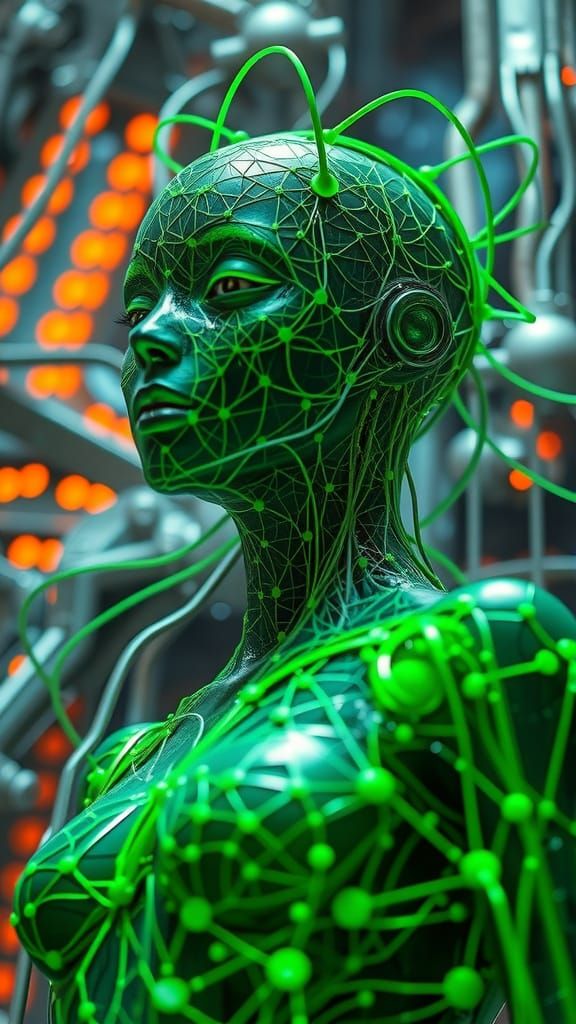 Female AI Humanoid with Green Neural Pattern