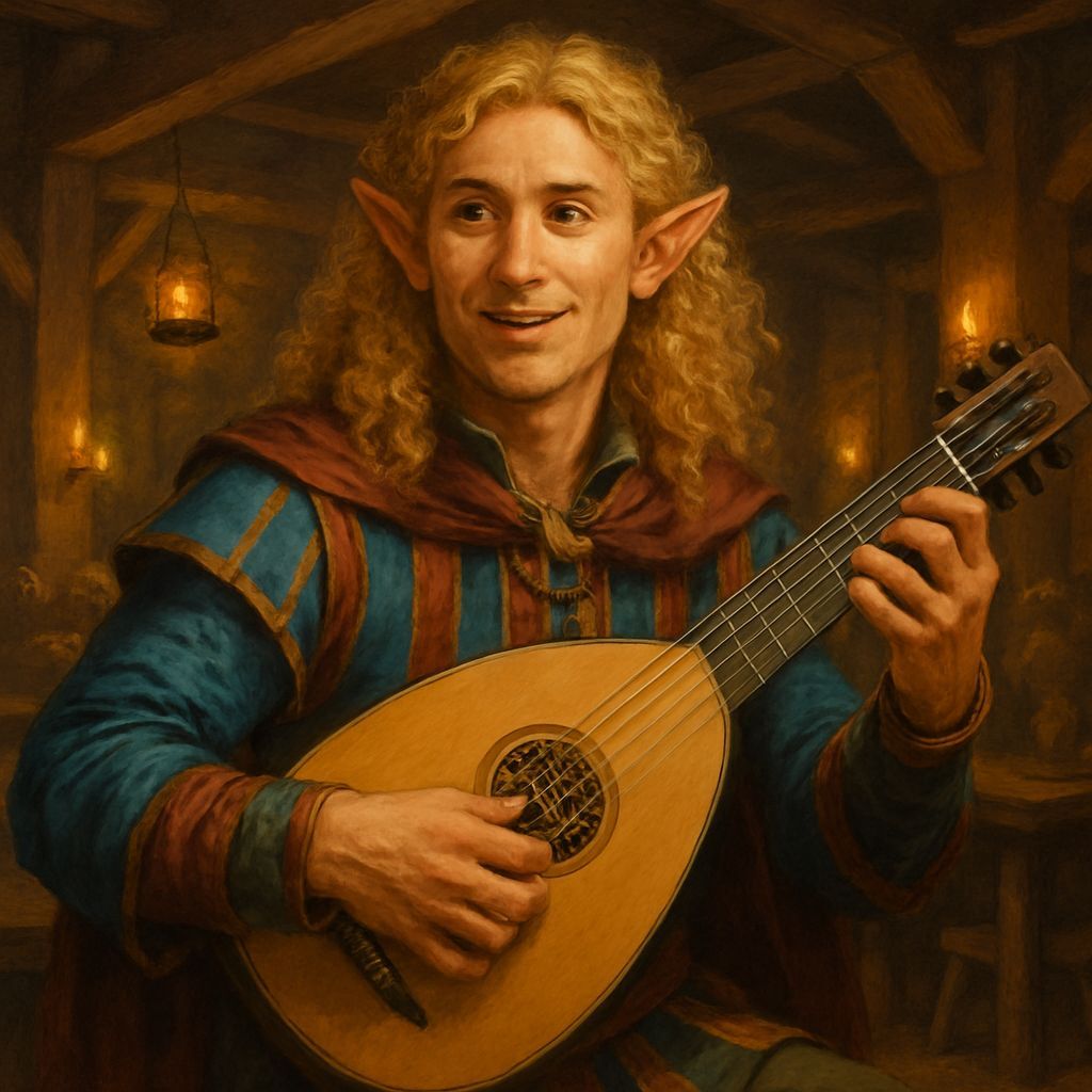 Half-Elf Bard Playing Lute in Tavern