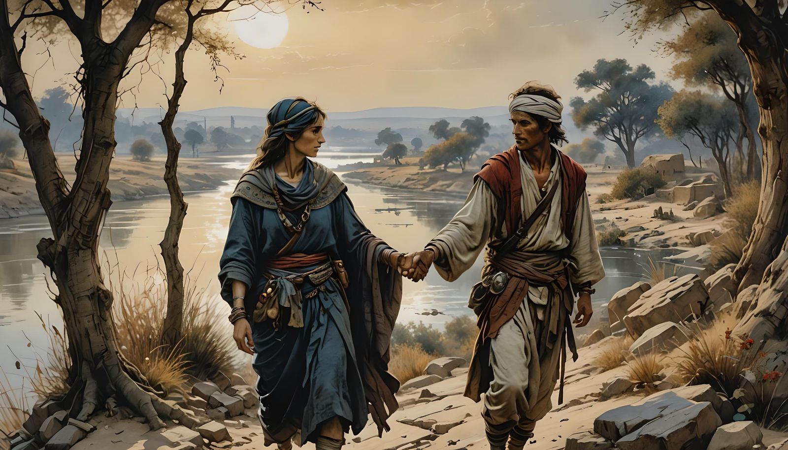 Nomads Holding Hands by the Nile River