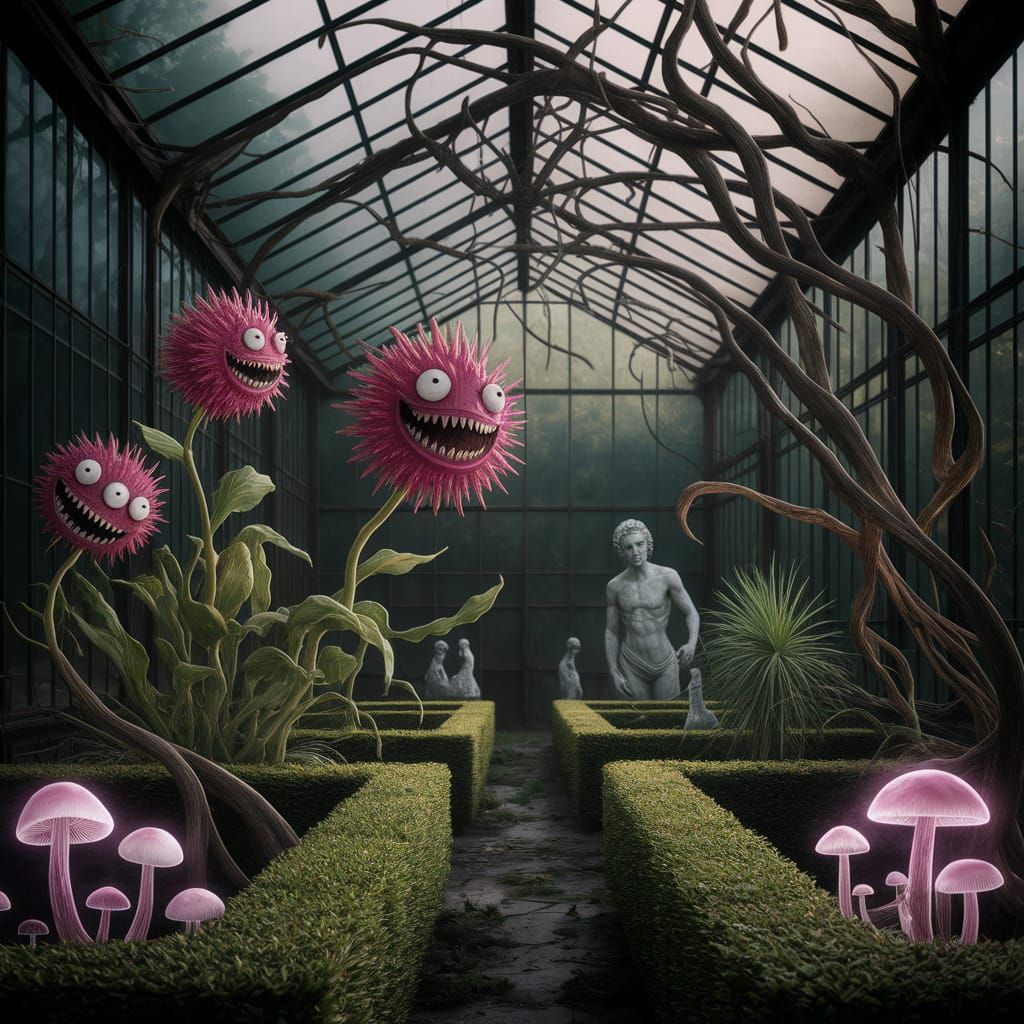 Eerie Greenhouse with Bioluminescent Flora and Statues