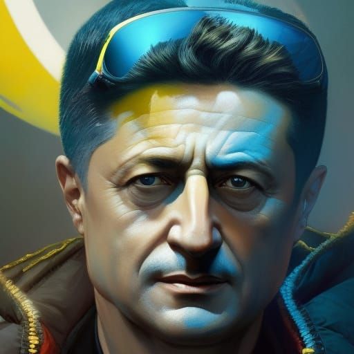 Zelensky Portrait in Combat Jacket, Hyperdetailed Digital Ar...