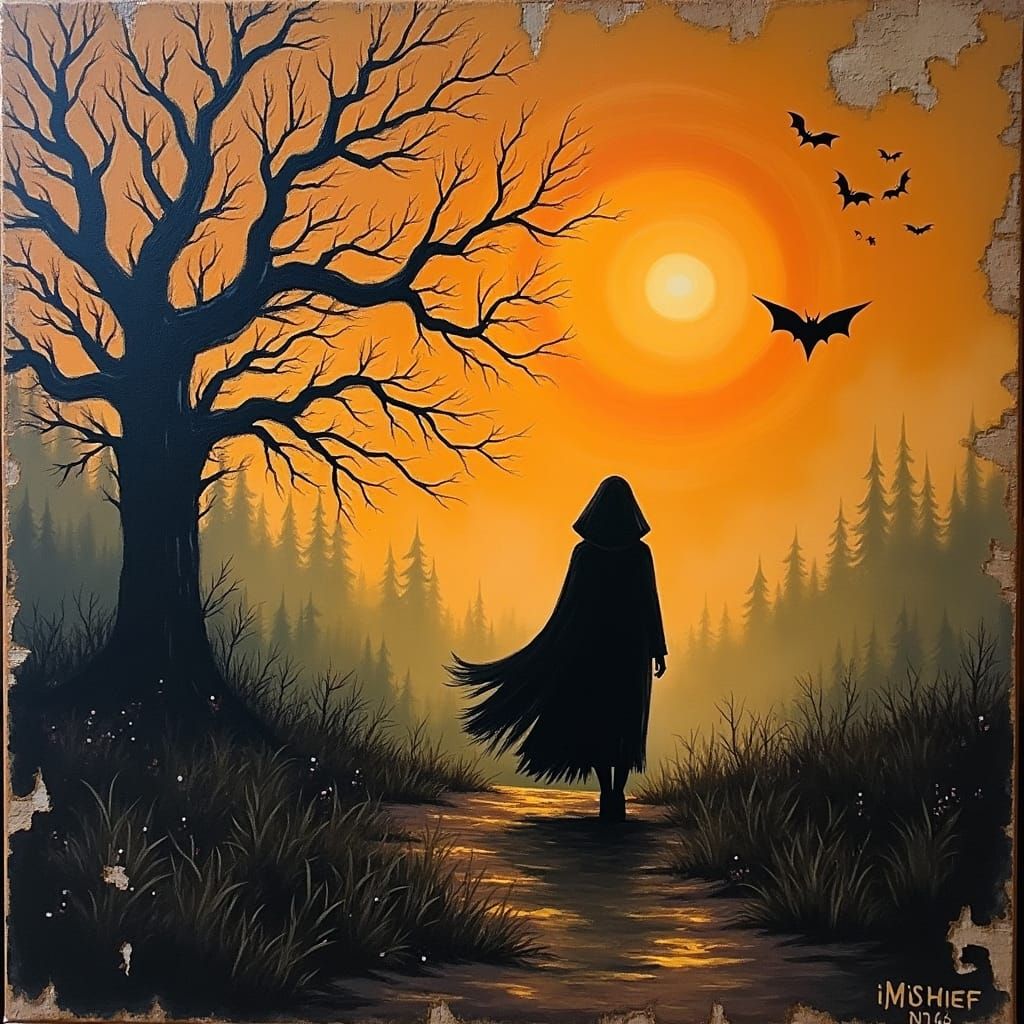 Halloween Sunset Tempera Painting on Distressed Wood