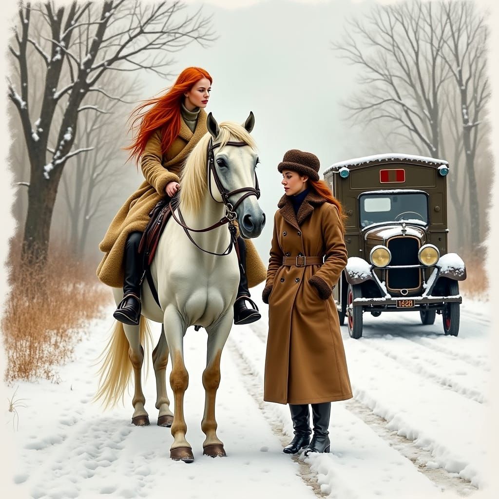 Impressionistic Snowy Road Scene With Horse and Ambulance