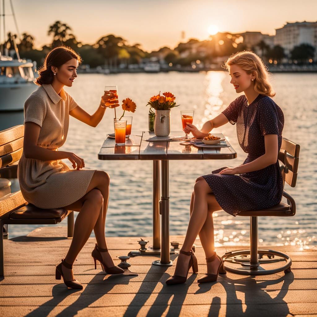 Betty and Veronica Enjoying Waterfront Drinks