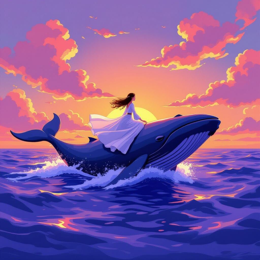 Whale Rider in a Vibrant Miyazaki-esque Landscape