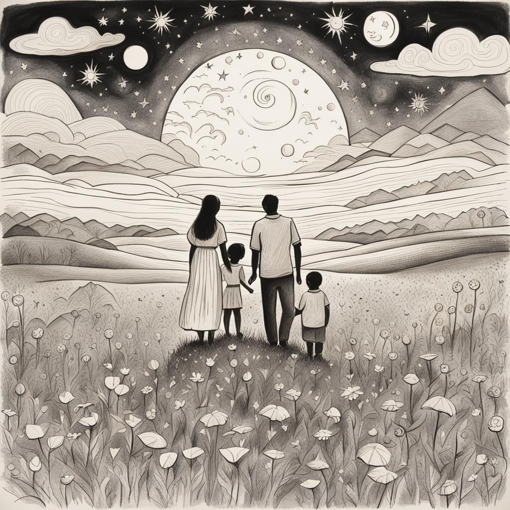 Abstract Family Sketch Under Starry Night