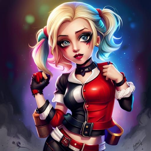 Chibi Harley Quinn in Colorful Splash Art Style