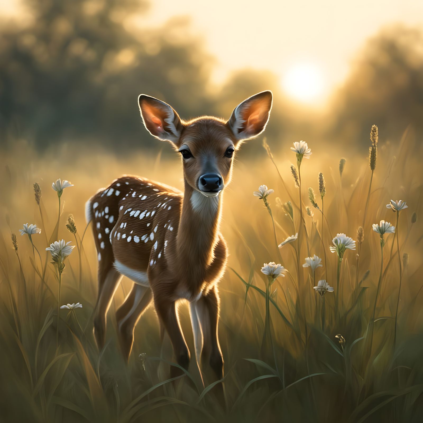 Fawn in Meadow at Dawn, Dutch Golden Age Style