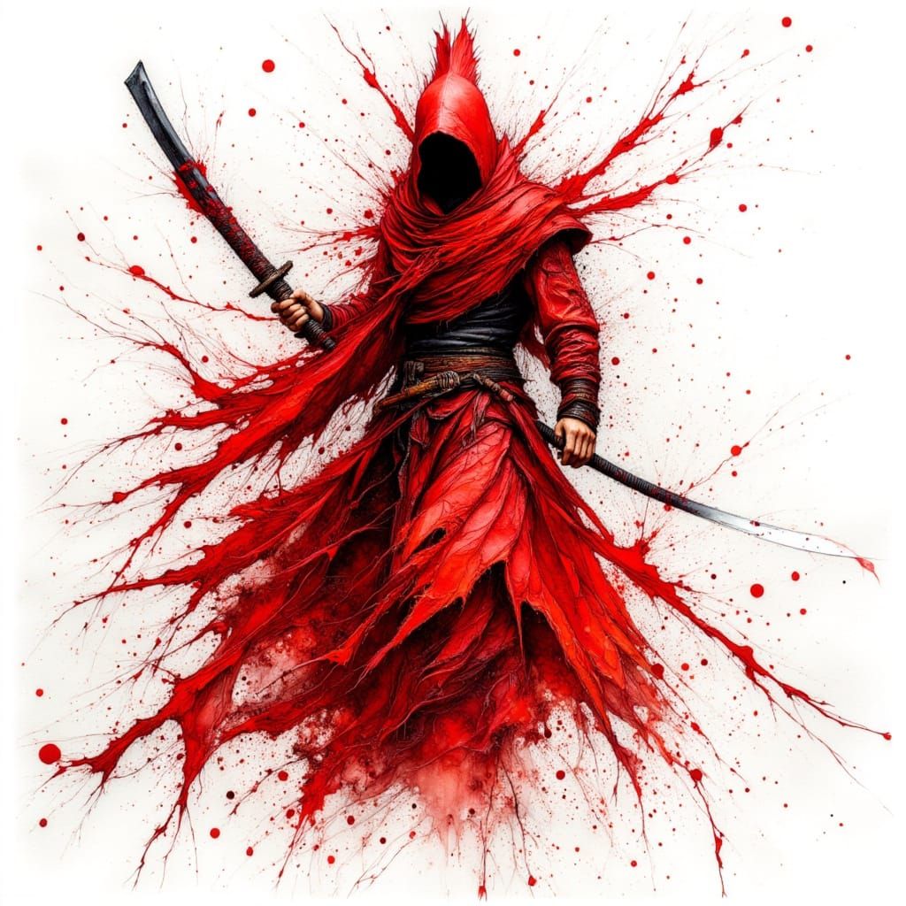 Red Warrior in Dynamic Ink Drawing Style