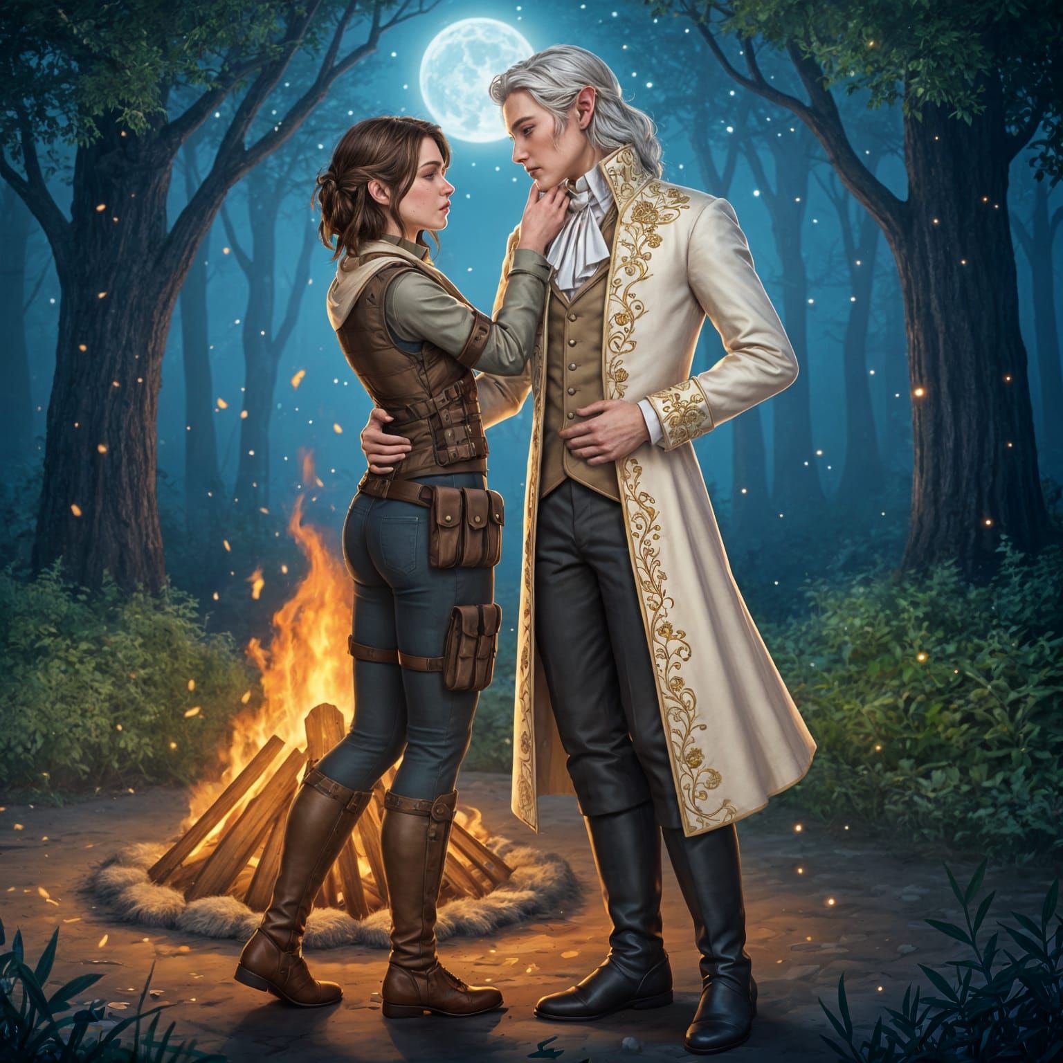 Elf and Human Scout Dance by Bonfire Under Moonlit Forest