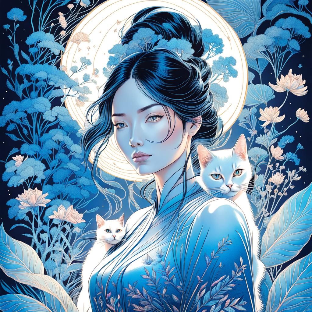 Beautiful Asian Woman with Cat Illustration