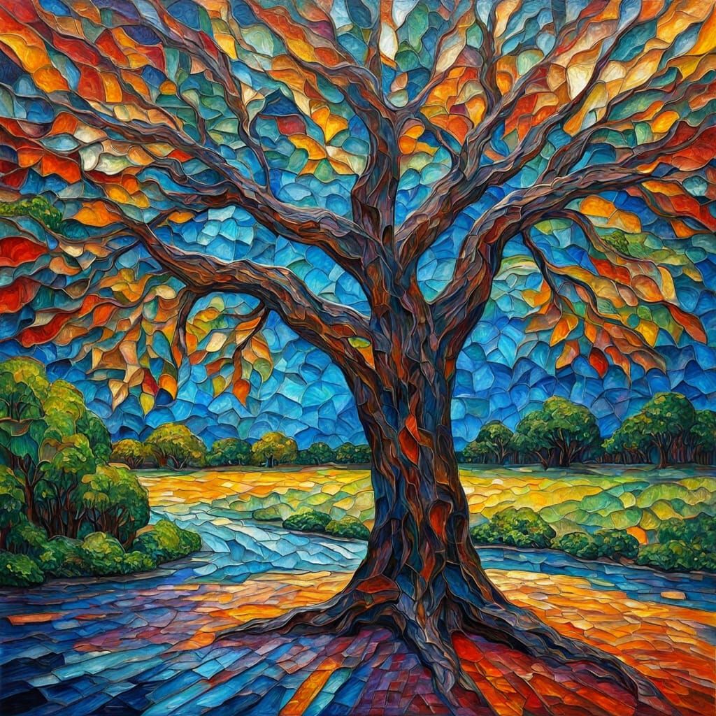 Neo-Impressionist Tree Stain Glass Sculpture