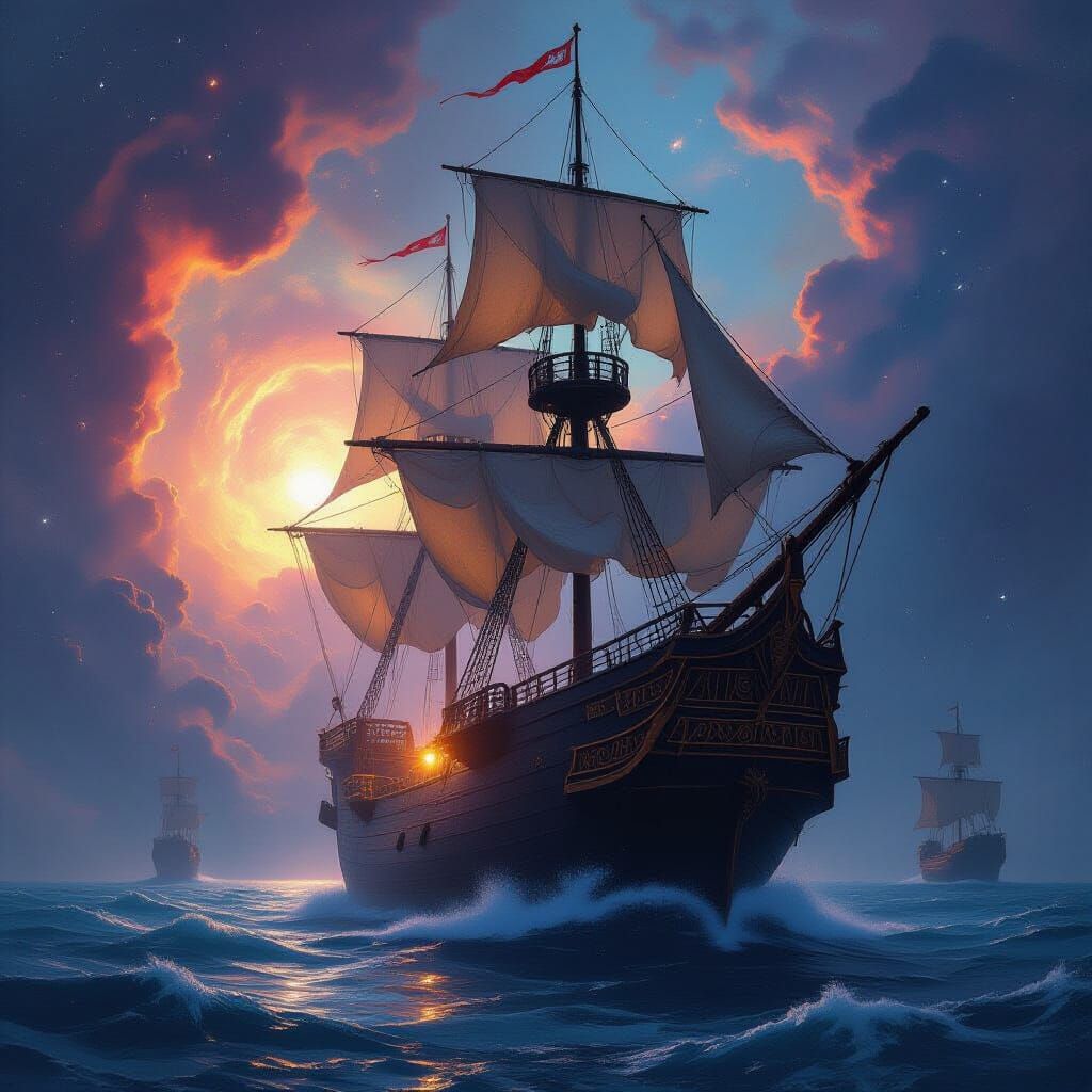 Ancient Galleon Navigates Cosmic Nebula in Turner Style