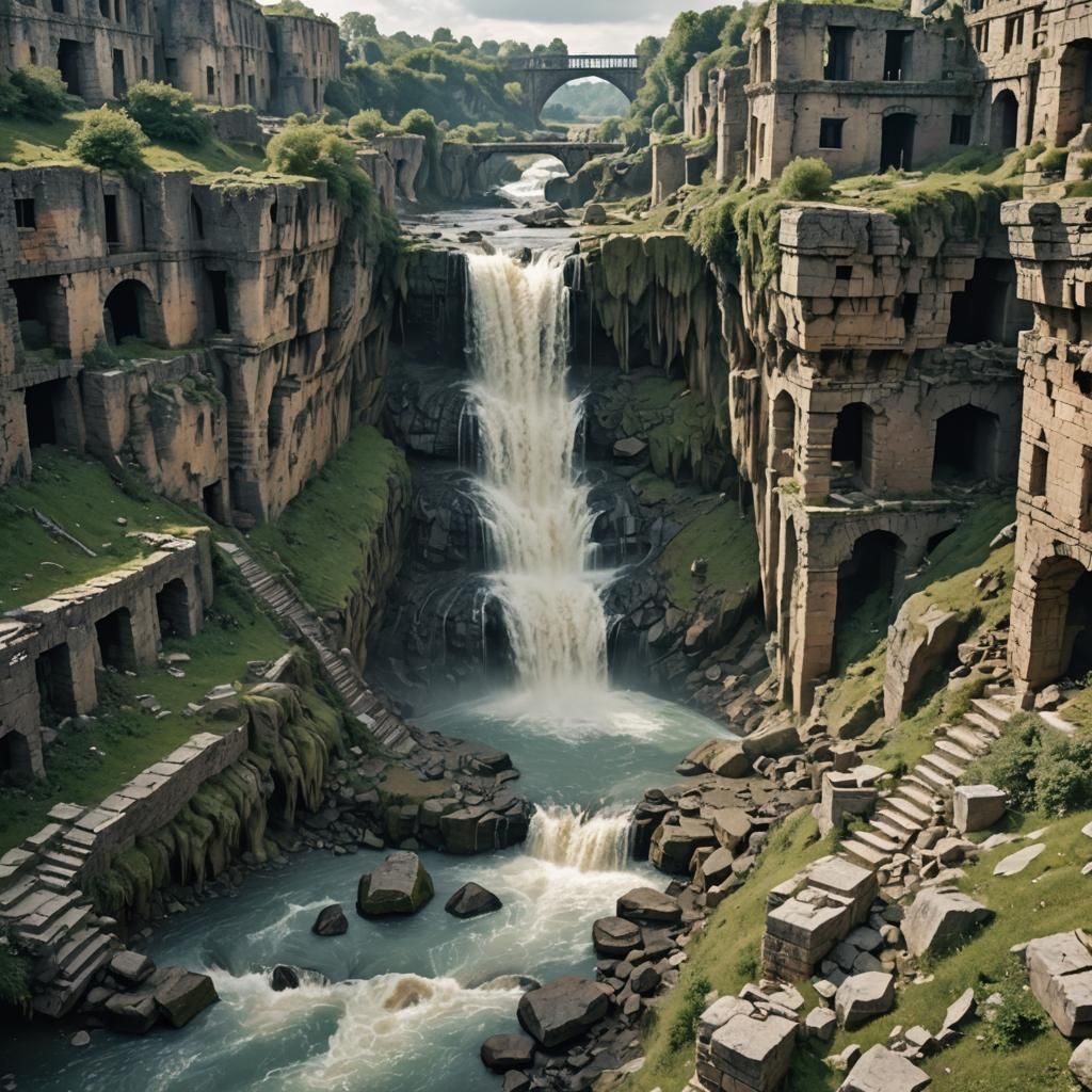 Massive Surrealistic Waterfall in Ancient Ruins