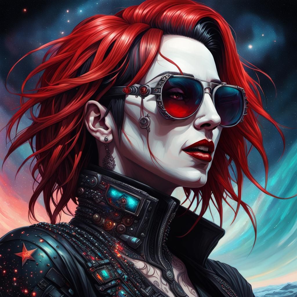 Cyberpunk Woman with Cosmic Hair and Sunglasses