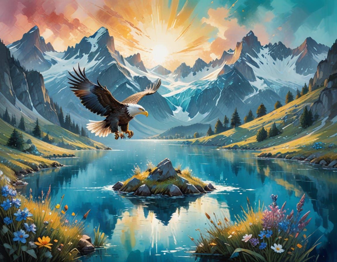 Sapphire Lake: Neo-Impressionist Mountain Landscape