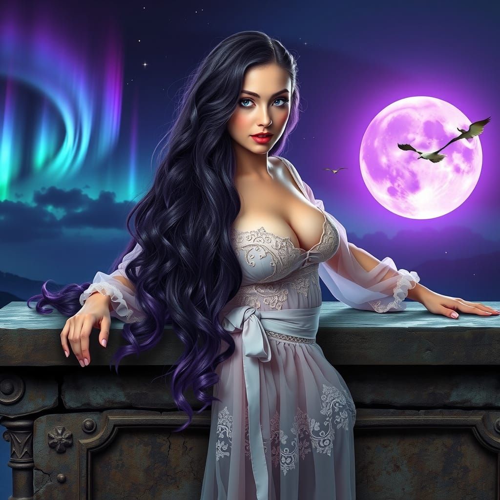 Maiden Reclines on Ancient Stone Altar in Ethereal Night Sky