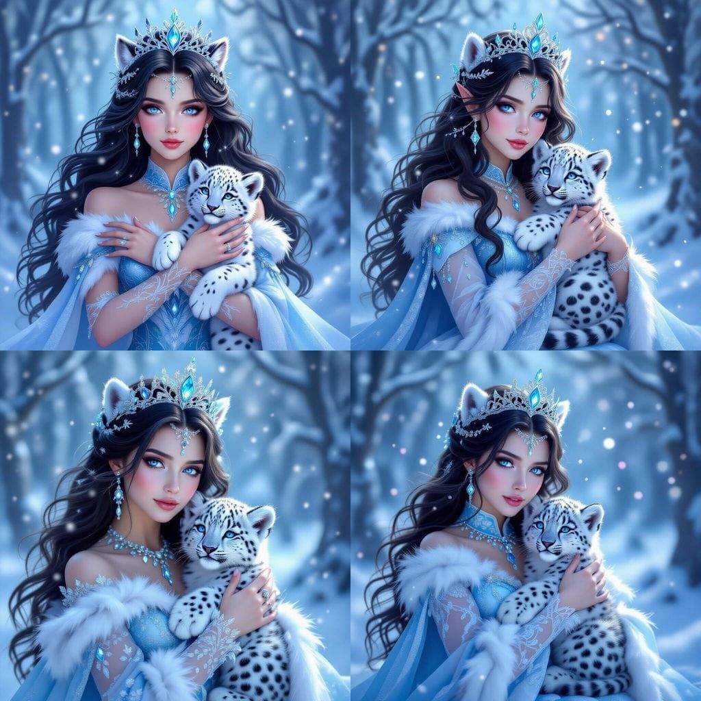 Fantasy Princess with Snow Leopard Cub in Winter Forest