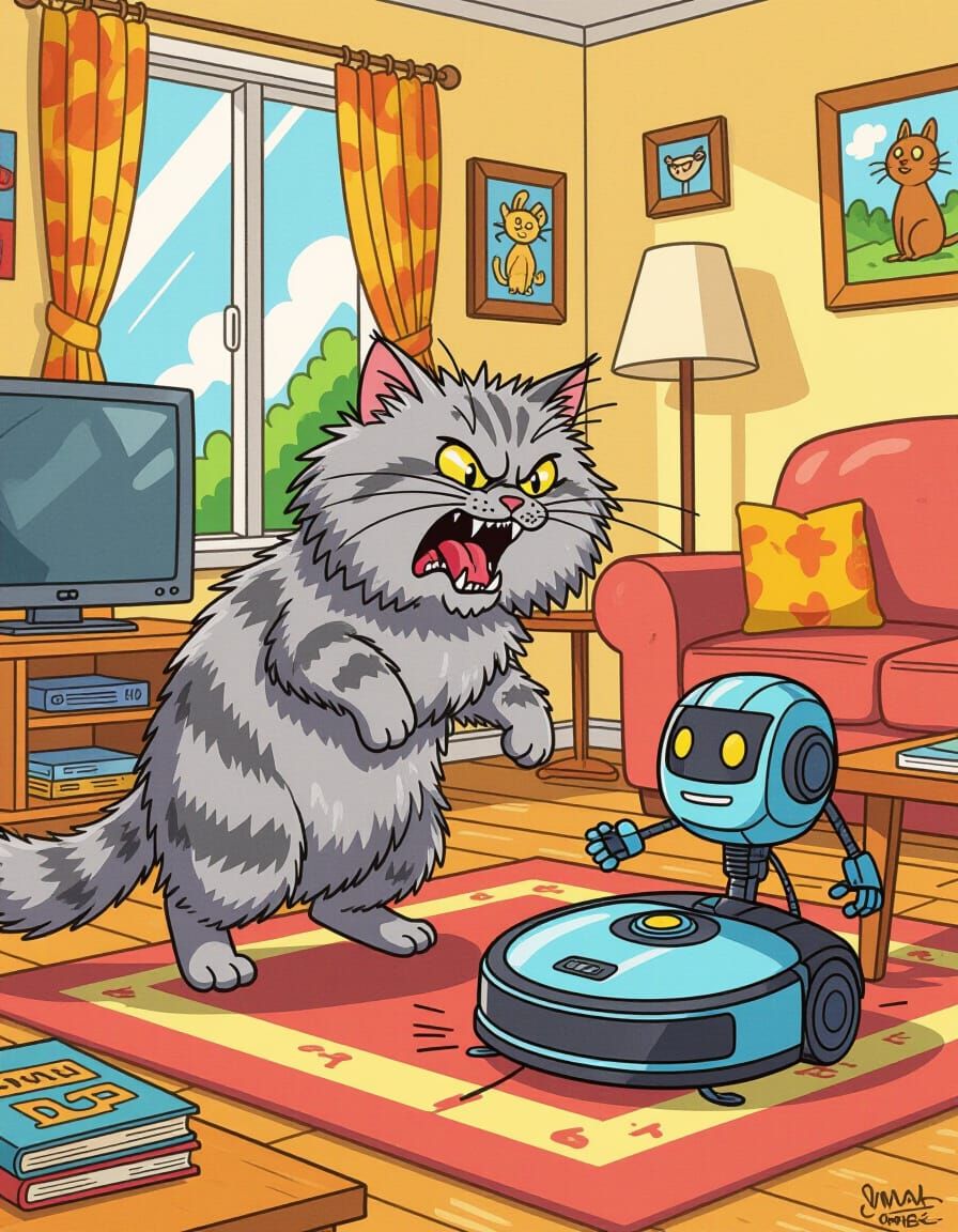 Furious Cat Arches Back at Robot Vacuum in Cartoon Style