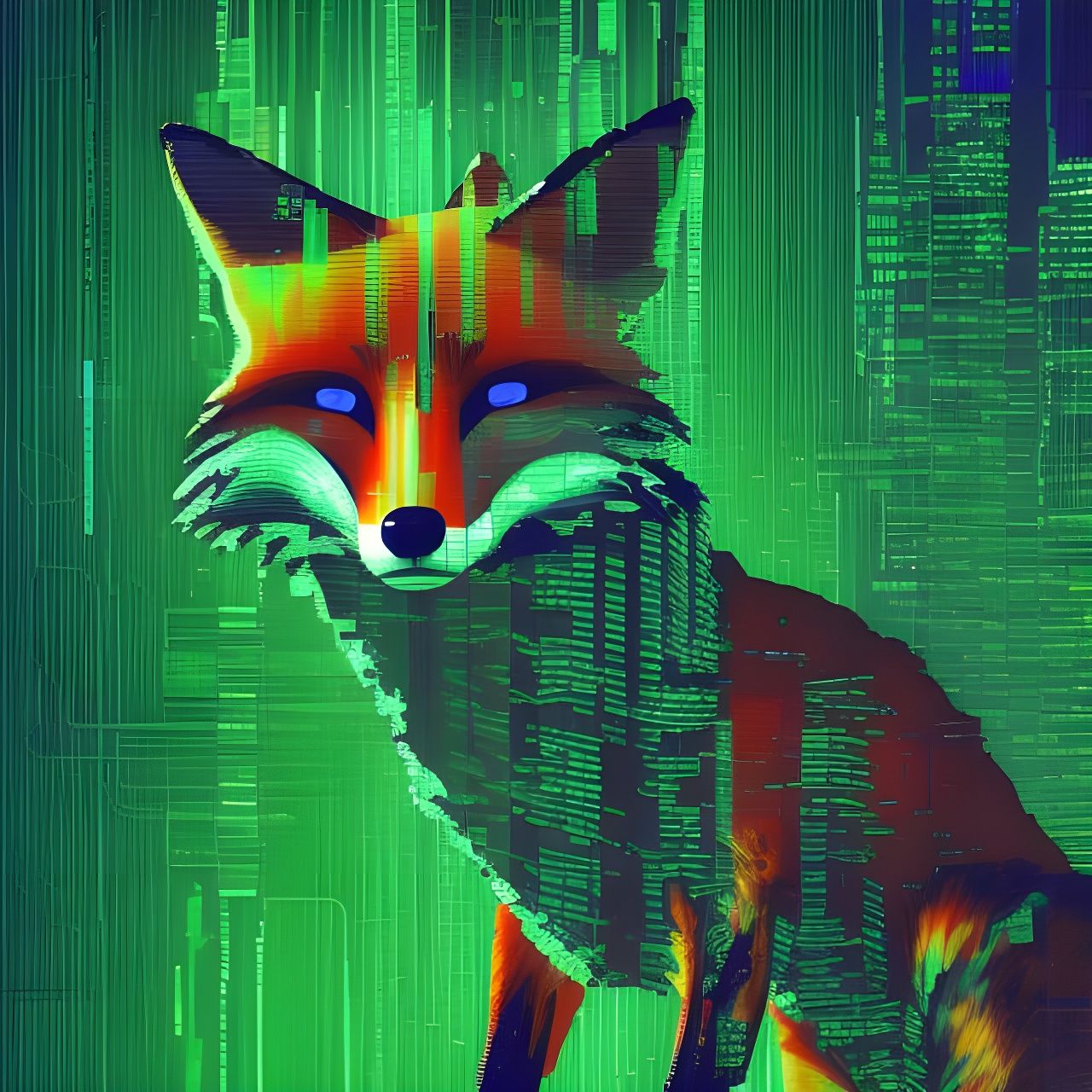 Cyberpunk Fox with Enamel Drips and Glitch Art
