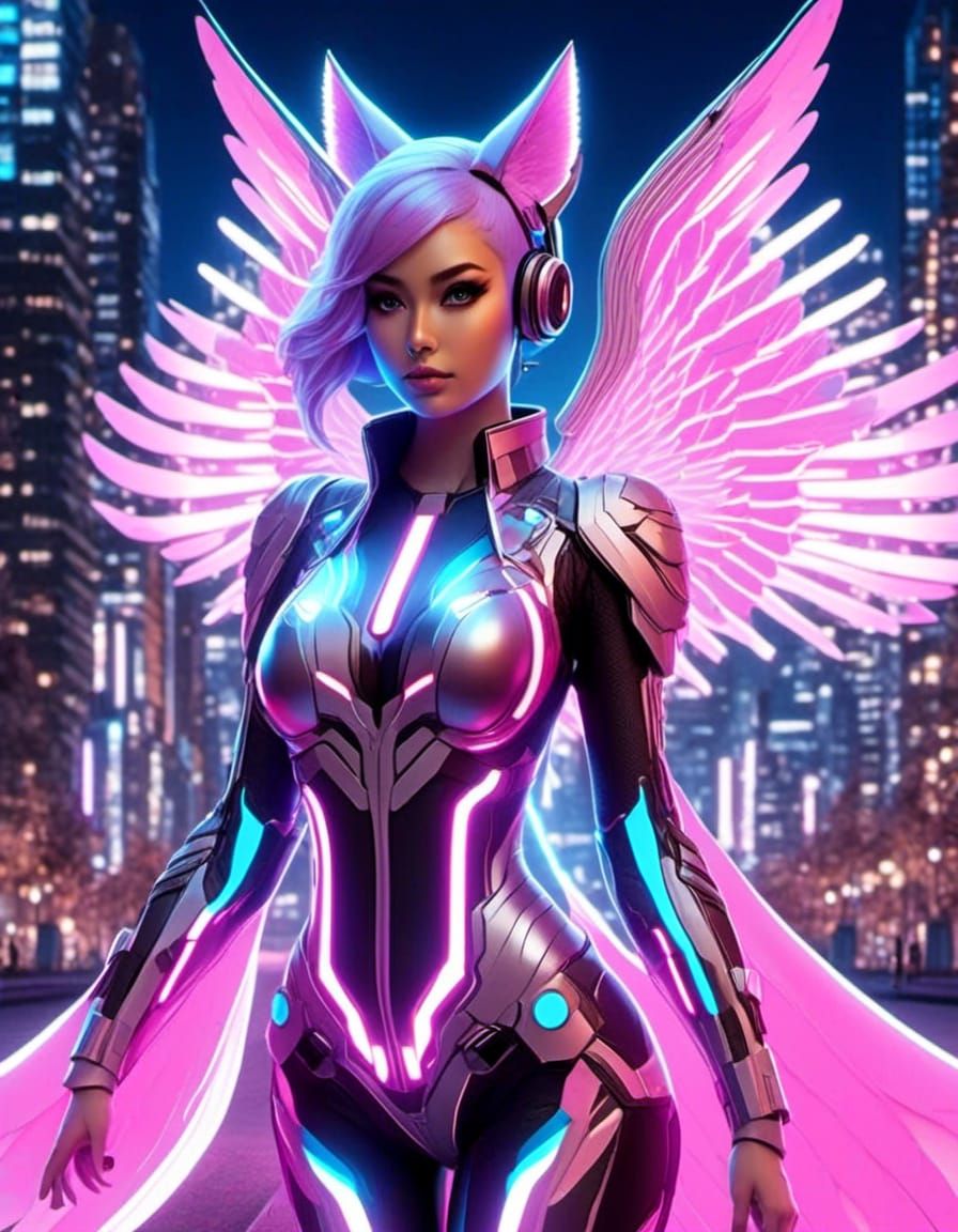 Female TRON style winged kitsune in a city park. Pink, lavender and sky blue <lora:Gridimation:1.0>