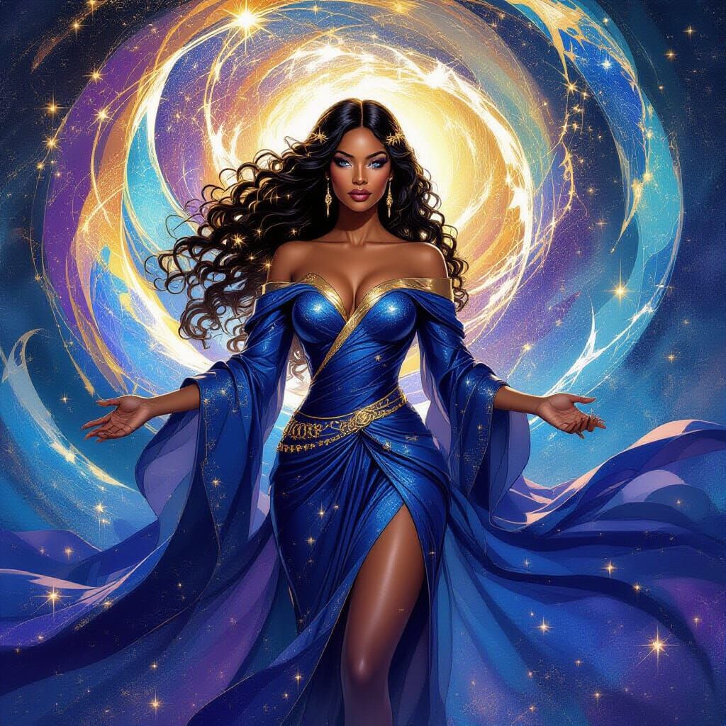 Cosmic Goddess Emerging from Stardust Vortex