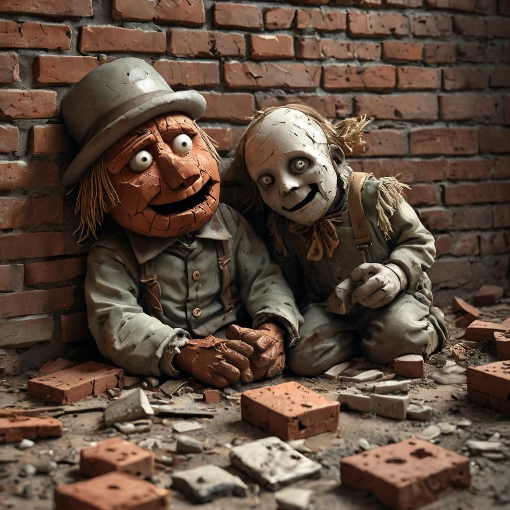 An anthropomorphic brick holds the hand of his brick child. Both bricks are smeared with cement and used to build a hous...
