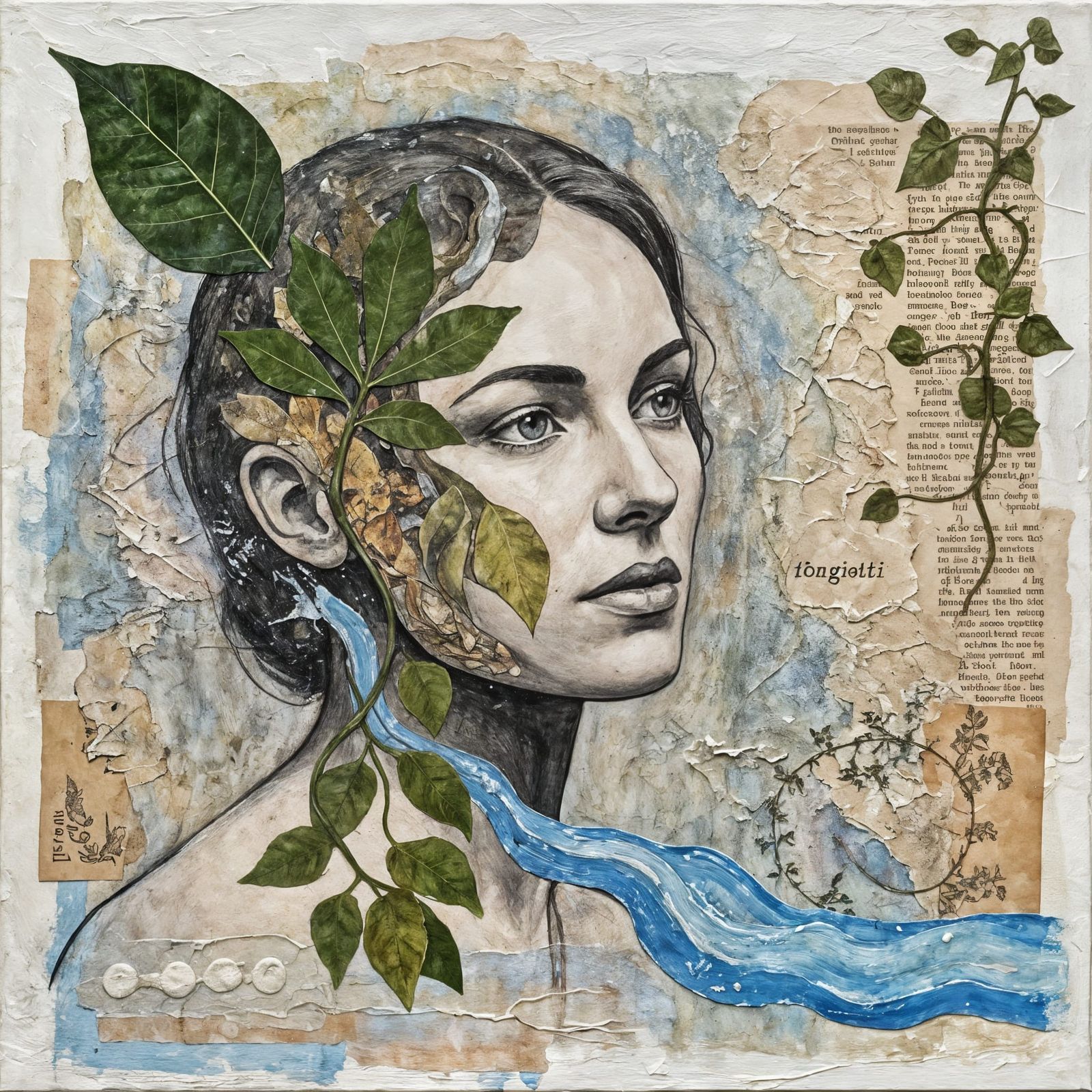 Woman's Face Merges with Nature in Mixed Media Collage