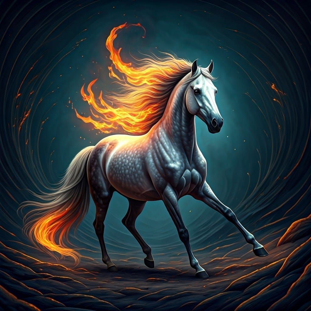 Flaming Grey Horse in Mystical Landscape