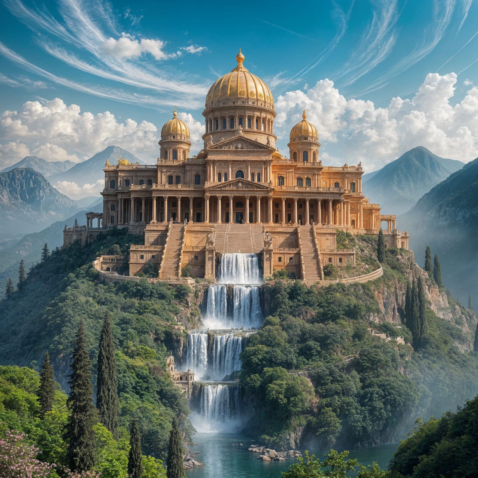 Ethereal Achaemenid Palace Amidst Majestic Mountainscape