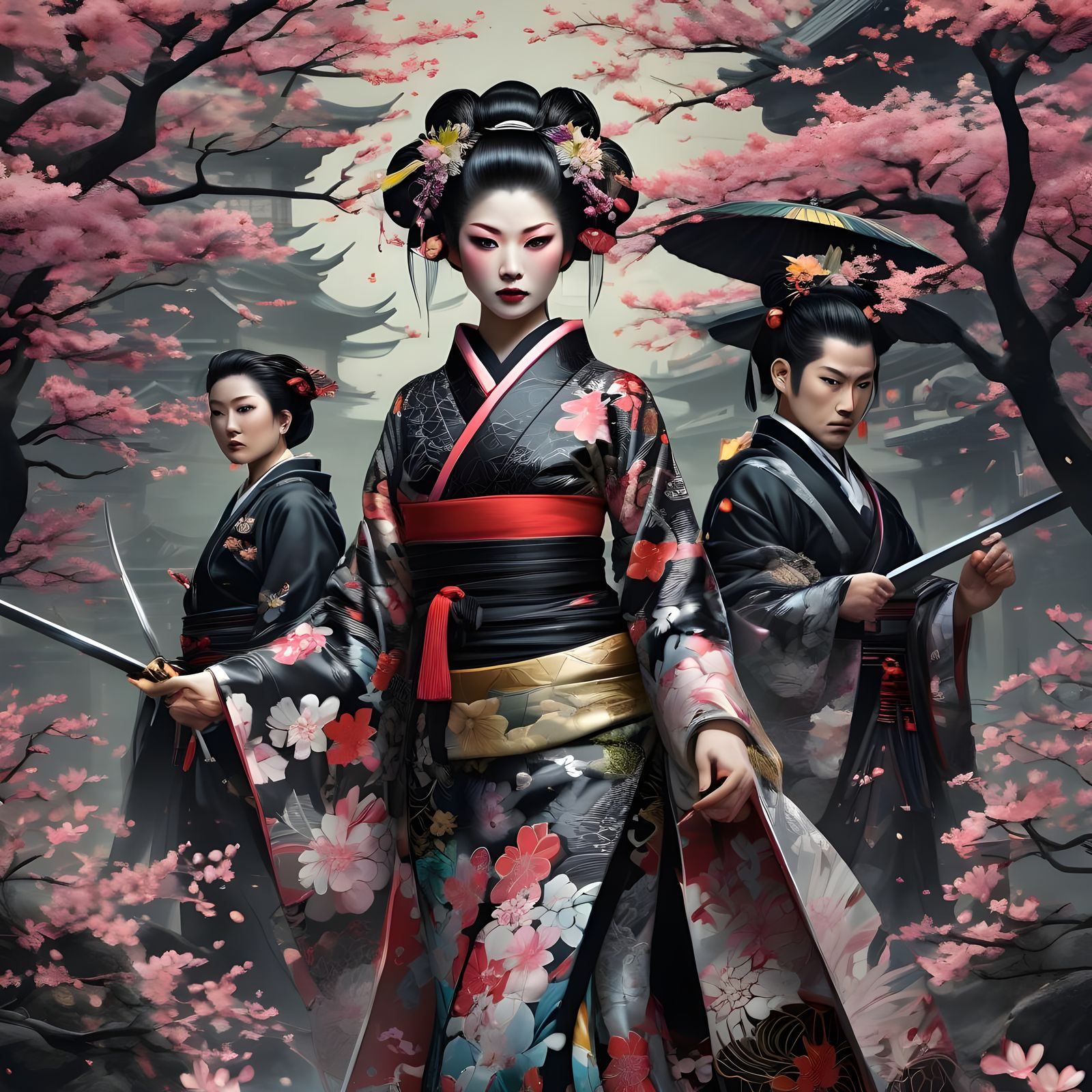 Geisha with Bodyguards in Comic Book Art